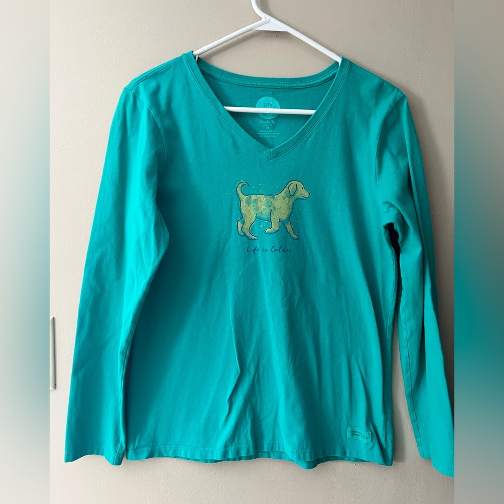 Life is Good “ Life is Golden” teal crusher long sleeve t shirt v neck. Sz M